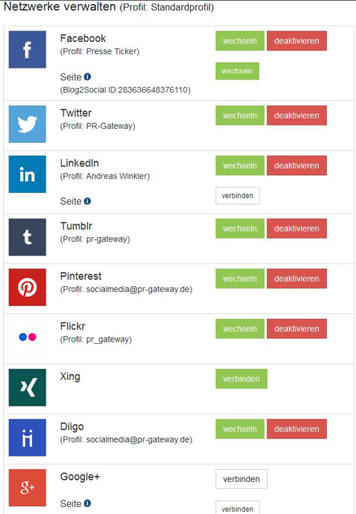 Social Media Accounts auswählen und verbinden