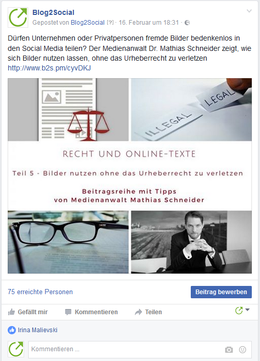 Deine automatisch geposteten Posts erscheinen mit passenden Kommentartexten