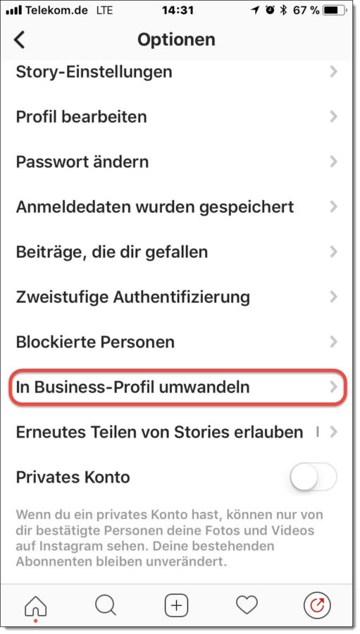 Wechsel zum Instagram Business-Profil