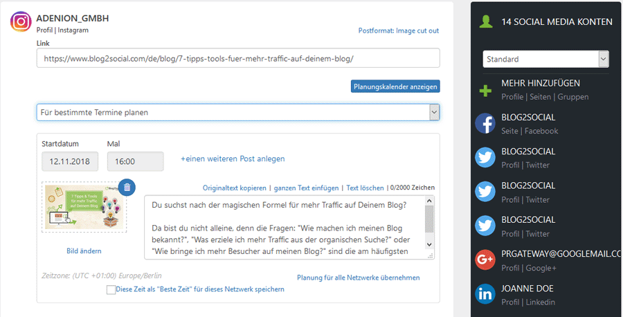 Über Blog2Social automatisiert auf Instagram posten