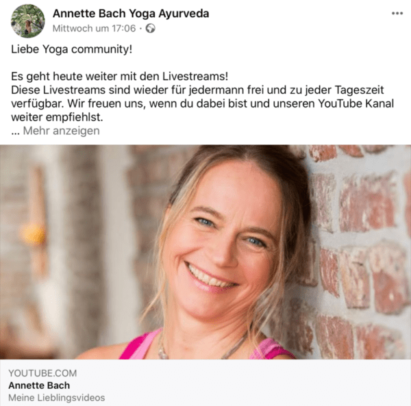 Annette Bach Yoga per Lifestream
https://www.facebook.com/AnnetteBach.YogaAyurveda/posts/3583592641715321