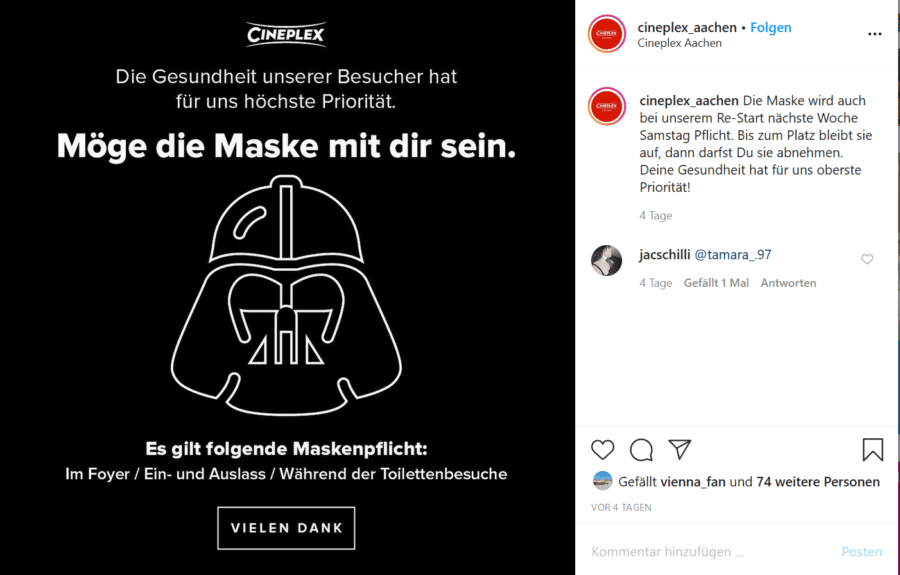 Cineplex Post zum Tragen der Maske im Kino