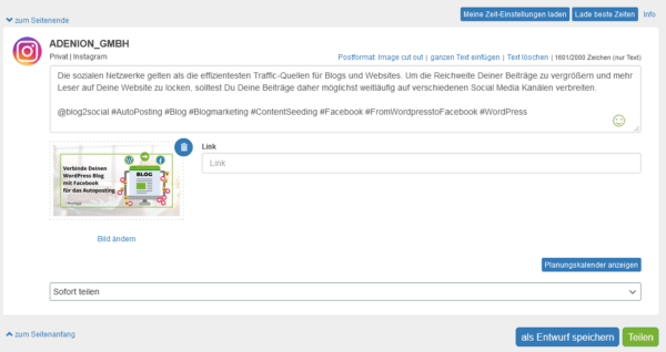 Blog2Social: Instagram-Beitrag teilen