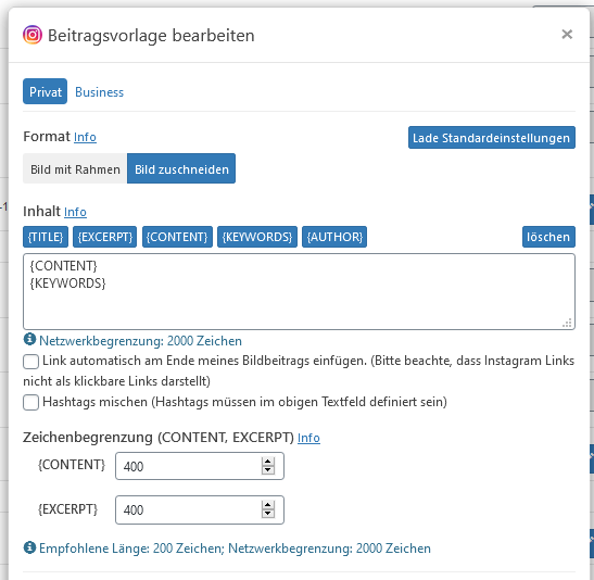 Blog2Social: Instagram-Beitragsvorlage