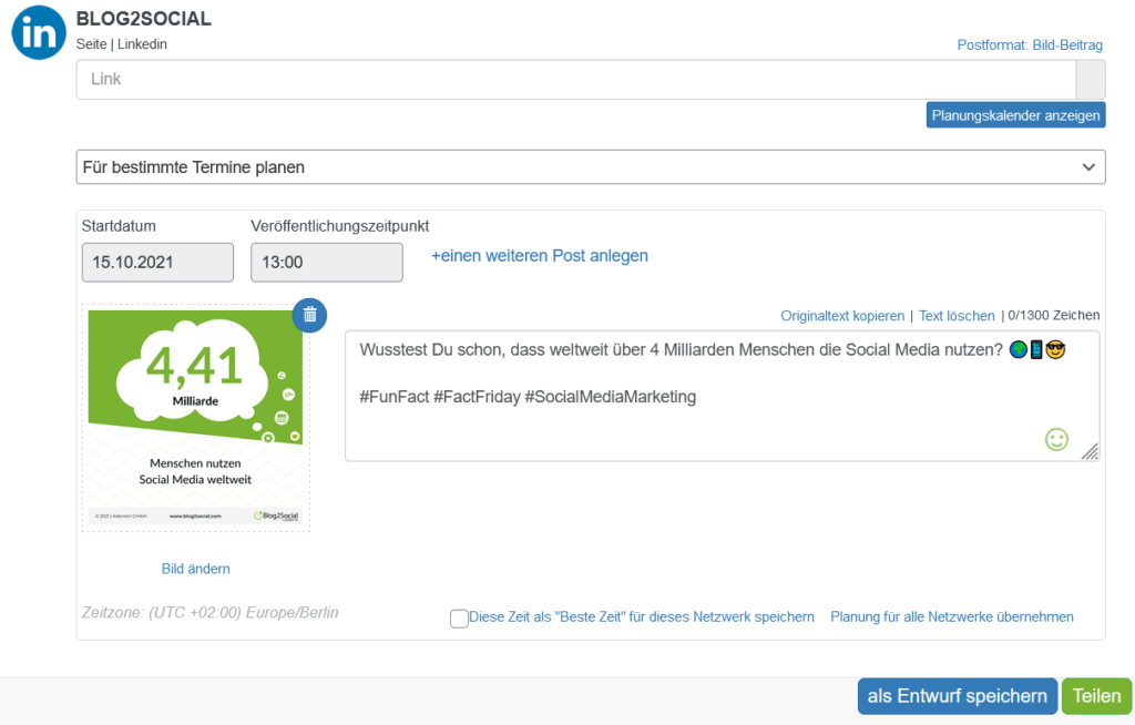 Posts bei Blog2Social planen und individualisieren