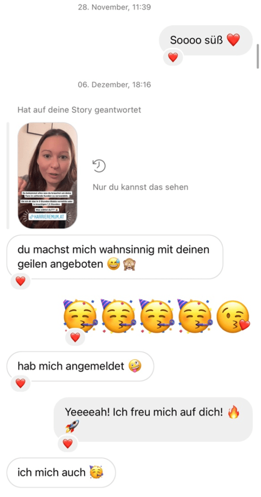 Chat-Verlauf Instagram: "Du machst mich wahnsinnig mit deinen geilen Angeboten, hab mich angemeldet!"