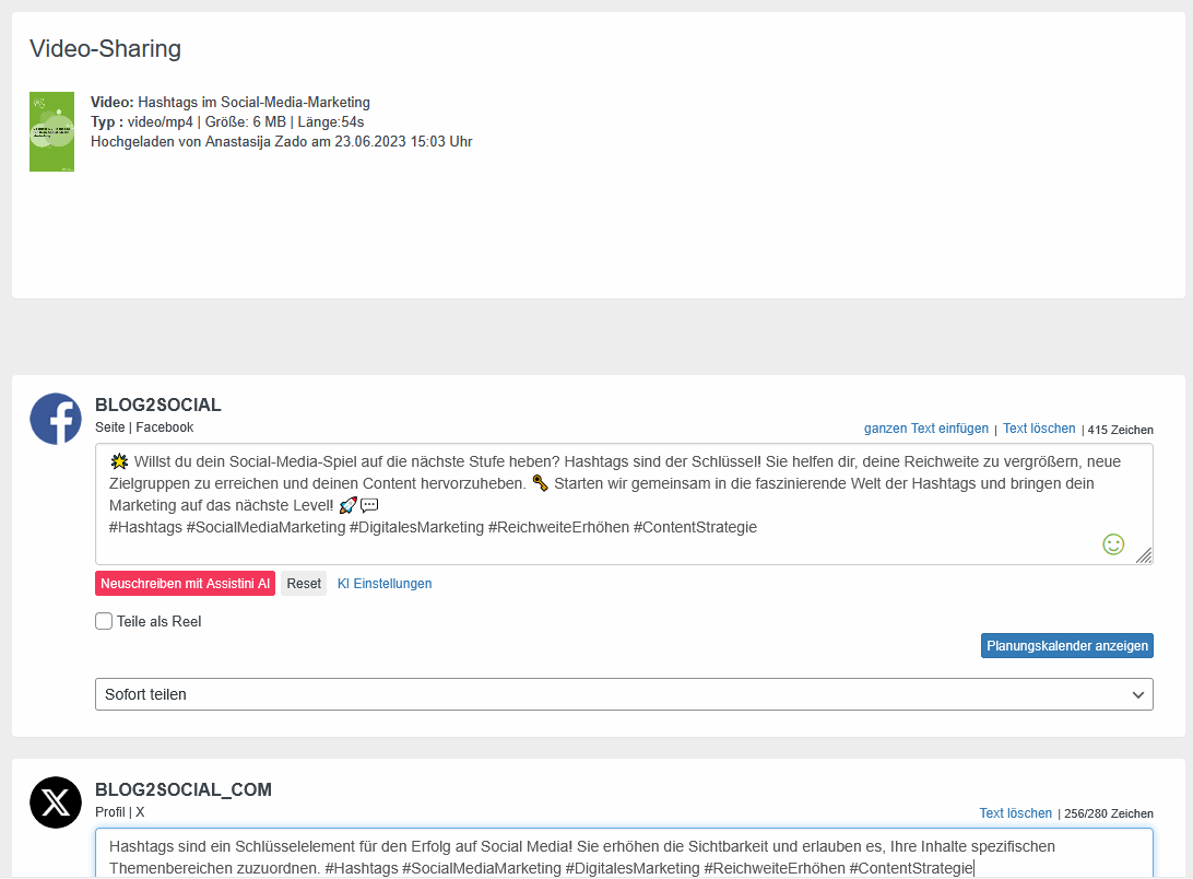Video Post Editor im Social Media Tool