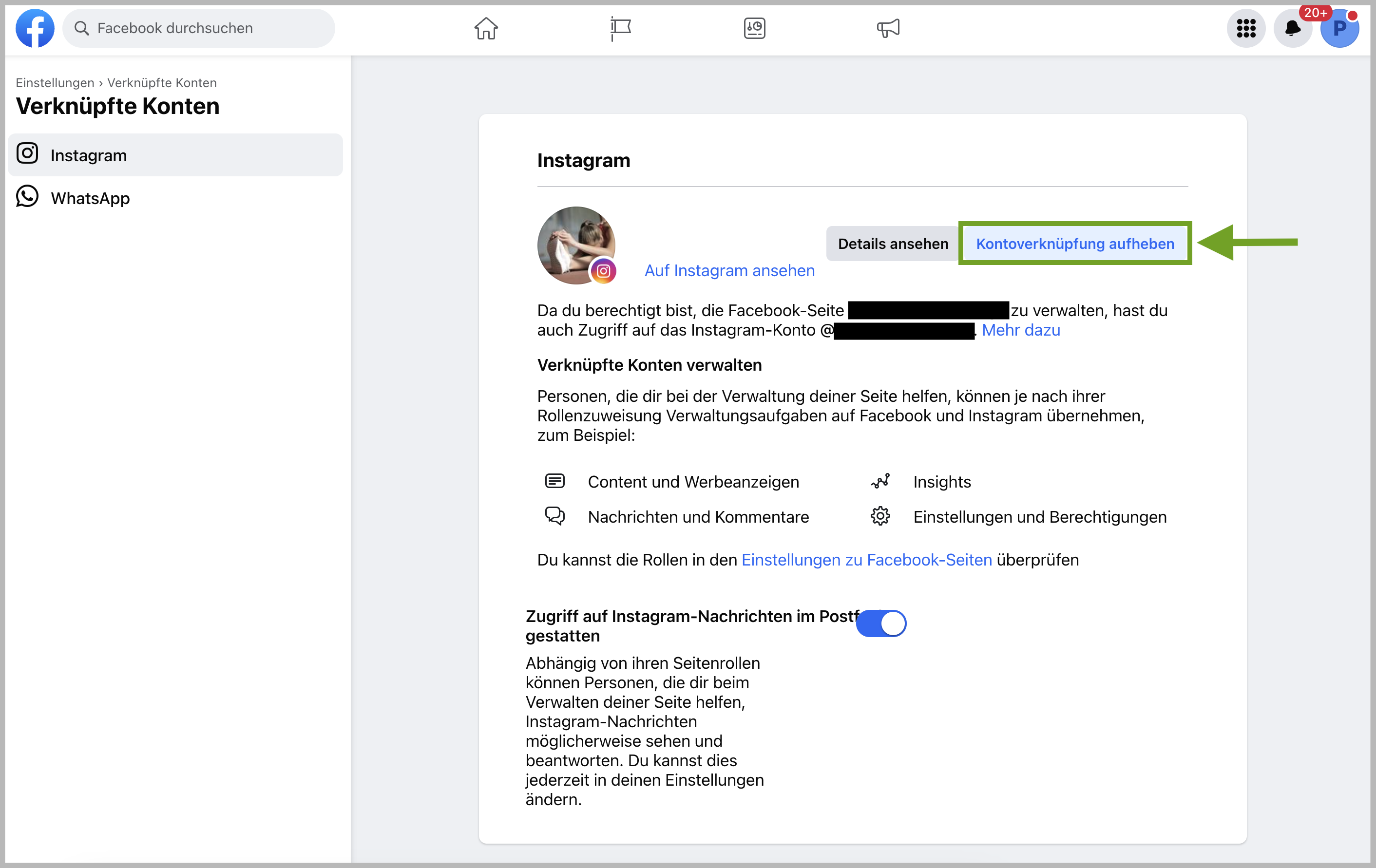 Instagram Verknüpfung aufheben