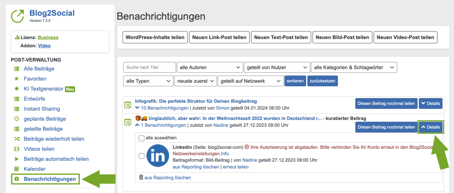Blog2Social Benachrichtigungen