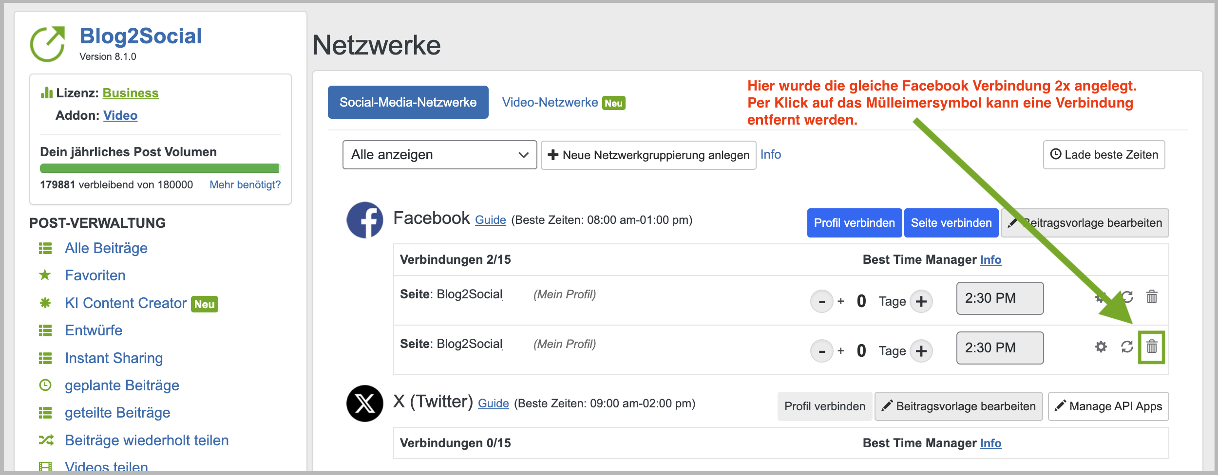 Doppelte Social-Media-Verbindung löschen