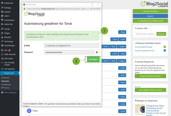 Blog2Social mit Torial autorisieren - Autorisierung mit sozialen Netzwerken