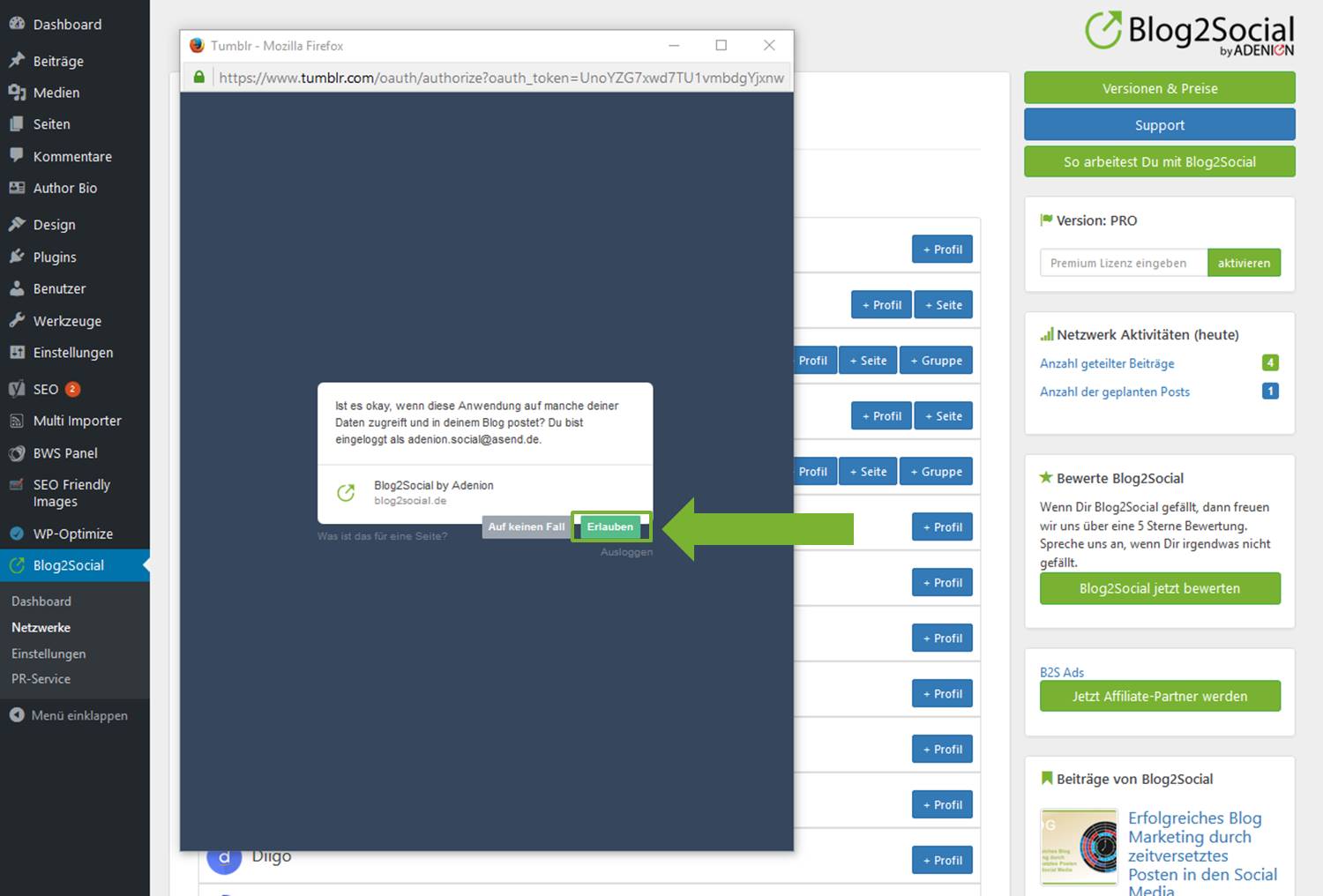 Blog2Social mit Tumblr verbinden - Autorisierung mit sozialen Netzwerken