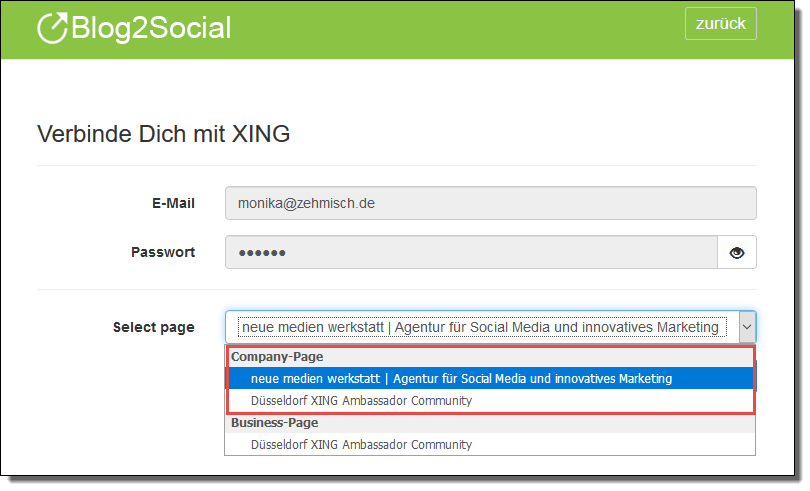 Blog2Social mit XING Seite verbinden - Autorisierung mit sozialen Netzwerken