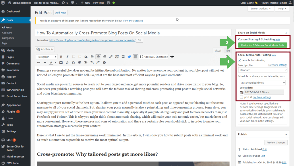 Autoposting and Scheduling Options to cross-promote on social media