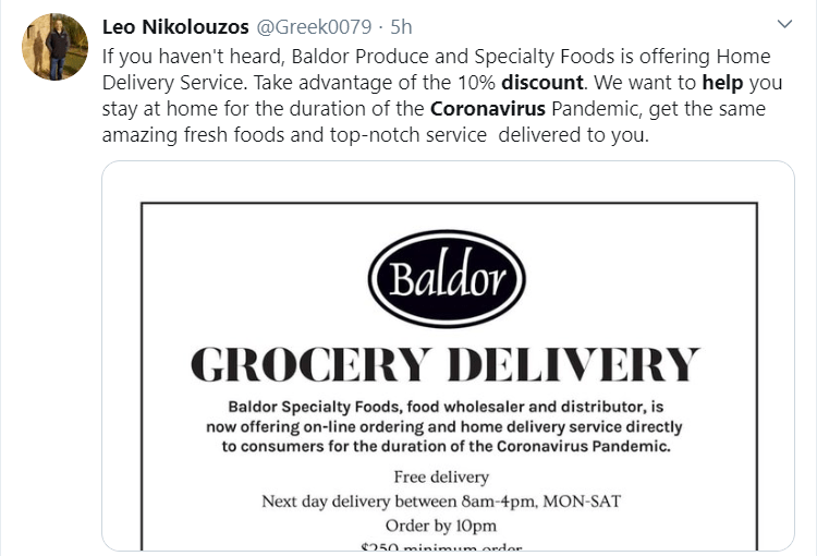 Baldor is offering discount and free delivery to help custimers stay at home