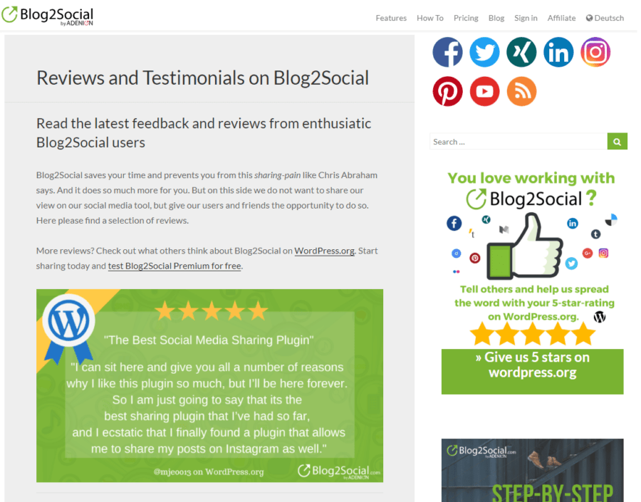 Blog2Social Review Page presenting the best customer reviews