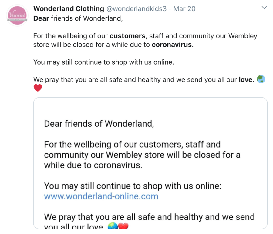 Wonderland clothing informs customers about alternative online shopping