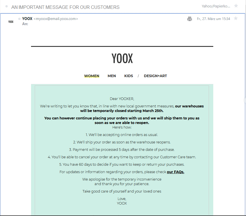 Yoox informs customers per email