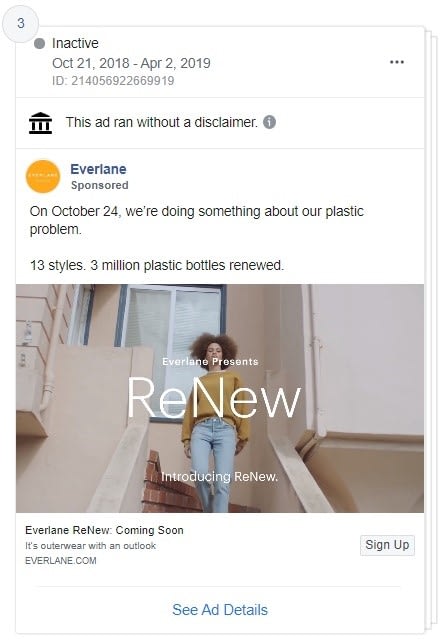 Everlane is showing authenticity and environmental responsibility with their ReNew campaign on Social Media