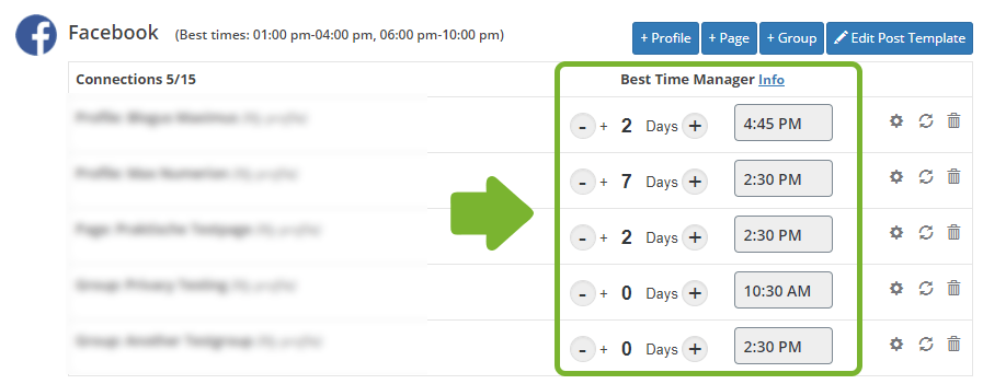 Example: social media scheduling best times for each network and profile
