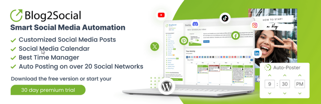 Blog2Social (kostenlos & Premium) – Intelligente Social Media Automation: Plane und teile deine Blogposts automatisch auf Social Media