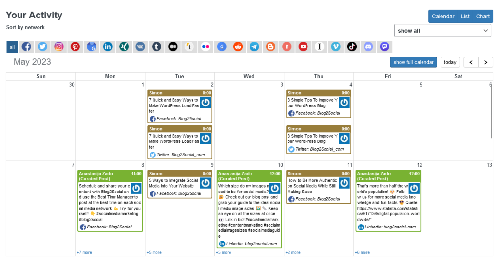 Blog2Social Social Media Calendar