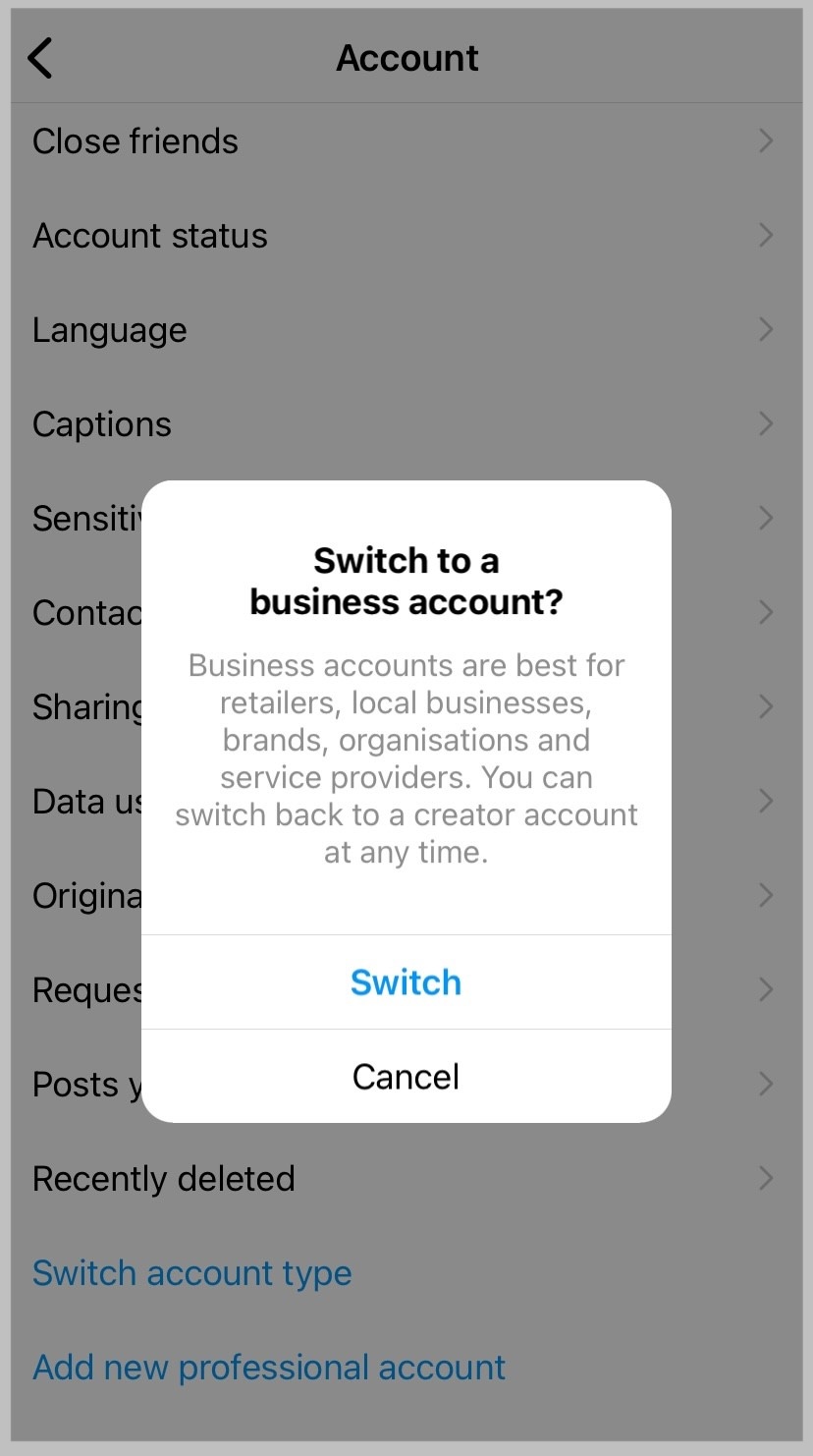 Confirm switch to Business