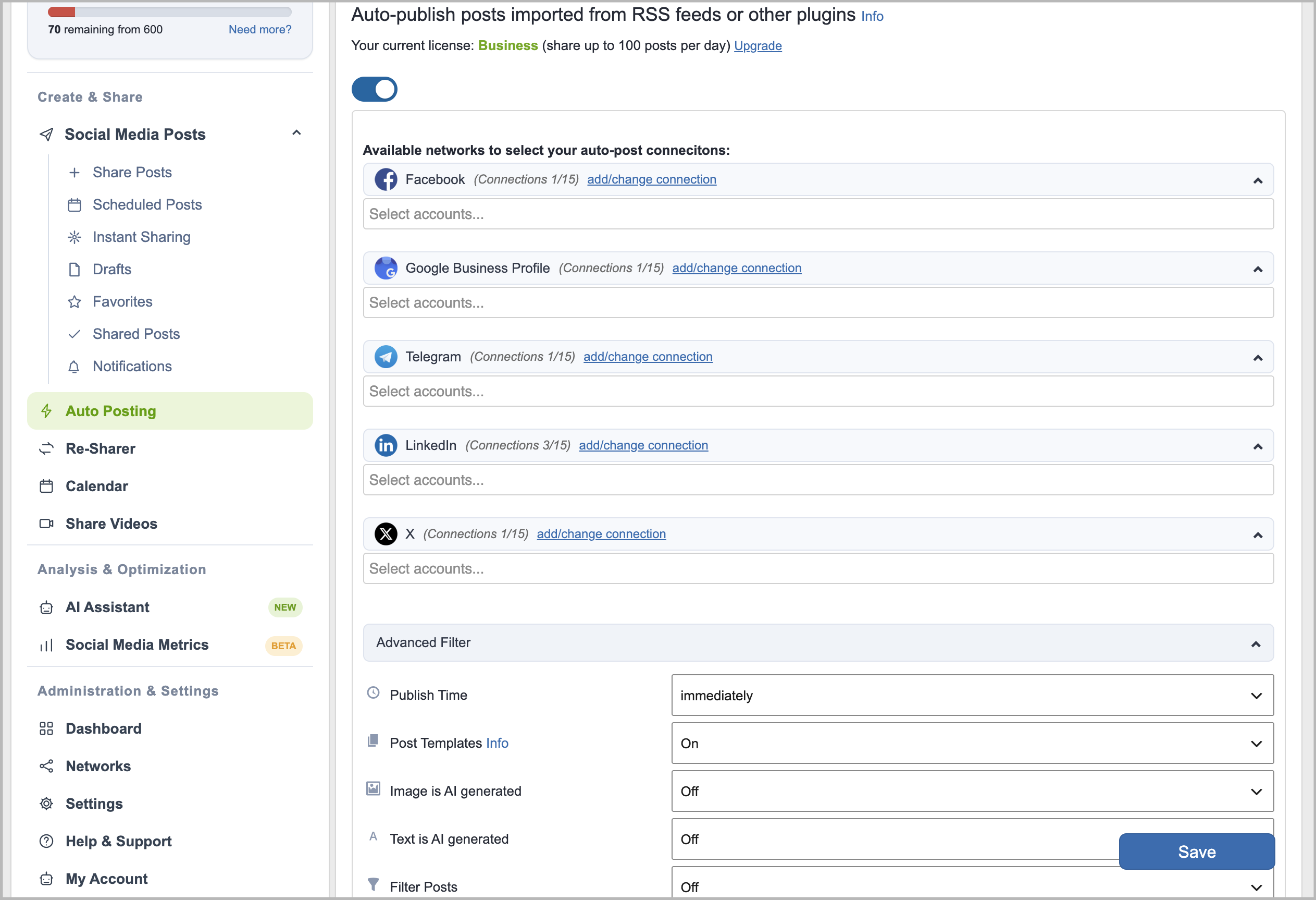 Auto Posting Settings RSS Feeds