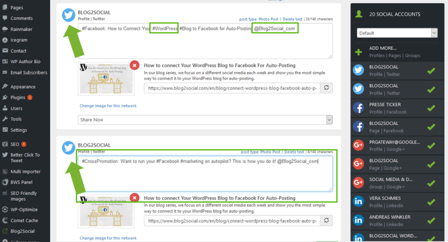 Automatiocally share customized tweets to multiple Twitter accounts